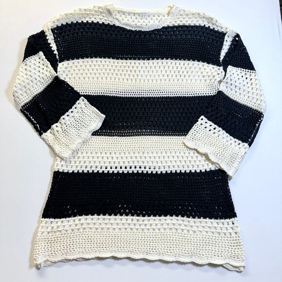 Boho Black & White Striped Crochet Knit Swimwear Cover Up Mini Dress Size Small - Picture 2 of 7